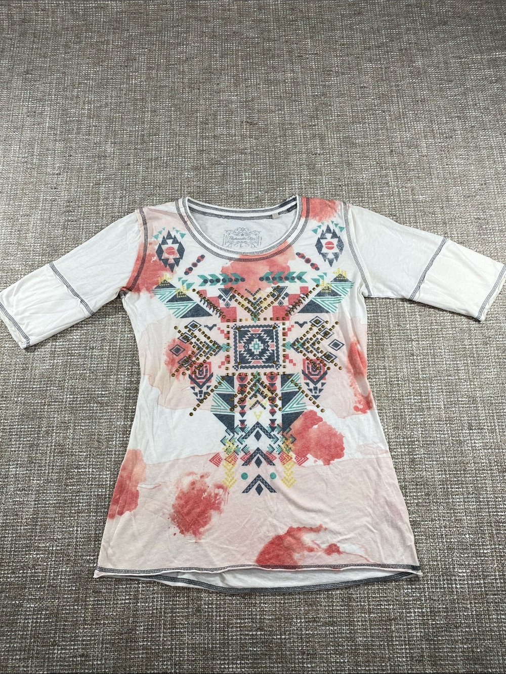 Panhandle Slim White Scoop Neck Tee with Coral and Teal Geo Print